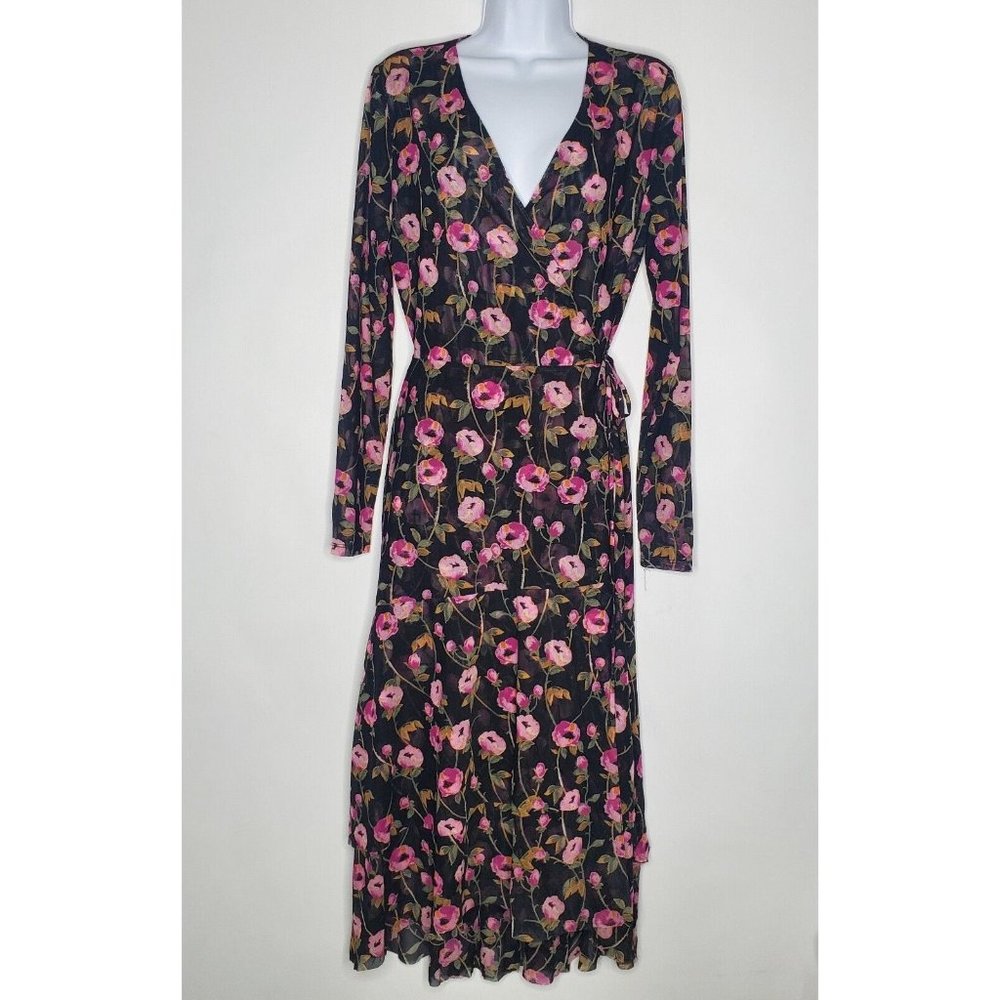 White House Black Market Womens Black Floral Wrap Midi Dress Size 10 Long Sleeve